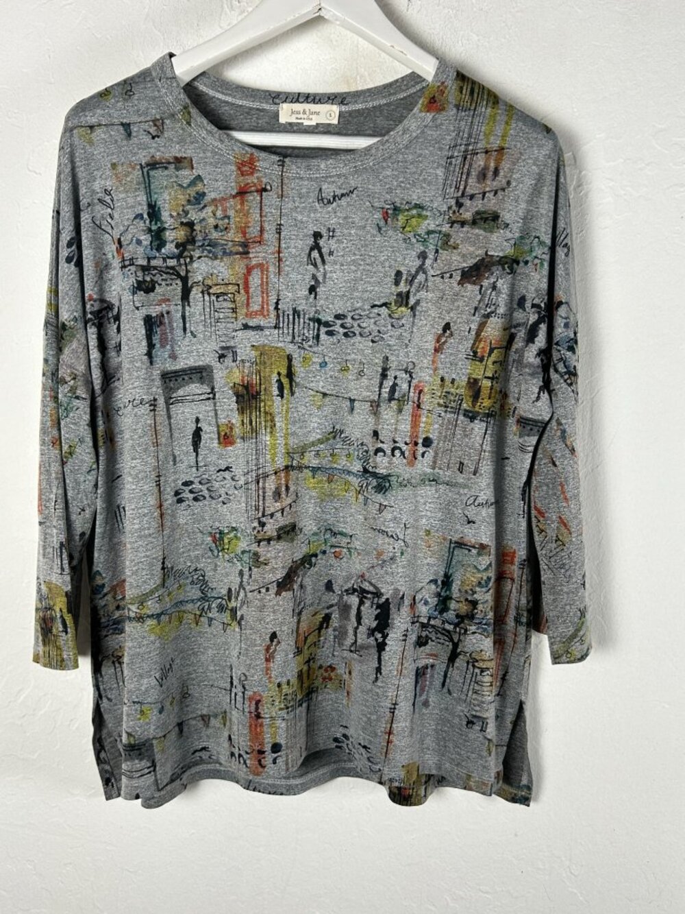 Jess & Jane Womens Heather Gray Graphic Print 3/4 Sleeve Top Large Stretch USA